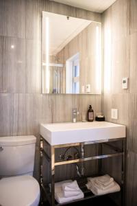 La salle de bains est pourvue d'un lavabo, de toilettes et d'un miroir. dans l'établissement Hotel Chicoutimi, à Saguenay