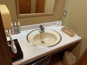 a bathroom counter with a sink and a mirror at Shofuen in Gamagori