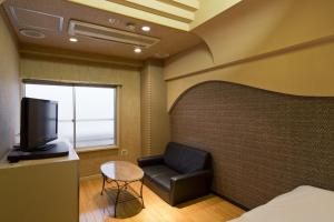 um quarto com uma cama, uma cadeira e uma televisão em International Hotel Kabukicho em Tóquio