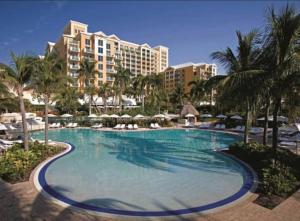 une grande piscine avec des palmiers et des bâtiments dans l'établissement Breathtaking 2 Bedroom Condo Placed at Ritz Carlton-Key Biscayne, à Miami