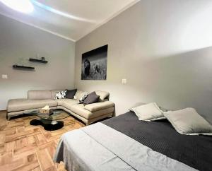 ein Wohnzimmer mit einem Bett und einem Sofa in der Unterkunft Karlín Apartmán in Prag