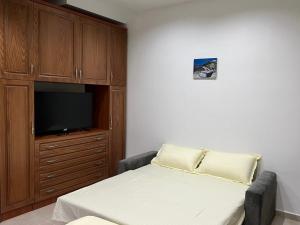 una piccola camera con letto e TV di Hibroj Guesthouse a Vlorë