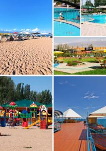 uma colagem de quatro fotos de uma praia e um resort em Casa de Raduga West em Koshkolʼ