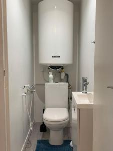 La salle de bains est pourvue de toilettes blanches et d'un lavabo. dans l'établissement Maison Familiale centre Dijon, à Dijon