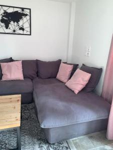 - un canapé avec des oreillers roses dans le salon dans l'établissement Maison Familiale centre Dijon, à Dijon