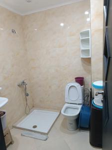 een kleine badkamer met een toilet en een douche bij Appartement des vacances in Tetouan