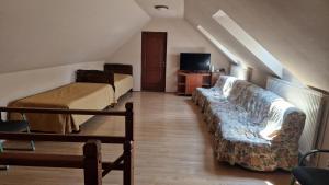 ラシュノフにあるCasa de oaspeți " Rodica"のベッド2台、ソファ、テレビが備わる客室です。