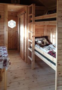 White wood tiny house في Darney: غرفة نوم مع سرير بطابقين في كابينة خشب