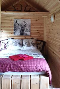 1 dormitorio con 1 cama en una cabaña de madera en White wood tiny house en Darney