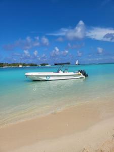 a boat sitting in the water on a beach at Joli appartement neuf 2ch 2sdb 50m de la mer in Grand-Baie