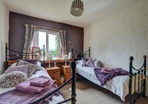 a bedroom with two beds and a window at Blochdy in Dwyran