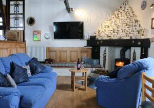 a living room with two blue couches and a fireplace at Blochdy in Dwyran