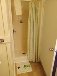 a bathroom with a shower with a shower curtain at High Tide Inn on the Ocean, Motel and Cottages in Camden