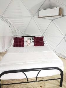 a bed in a tent with a teddy bear on it at Eco Glamping Treehouses Closest Resort To All Tourist Attractions in Balilihan