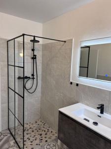 y baño con ducha y lavamanos. en Apartment Mahira im Luftkurort Schindeldorf, en Stromberg