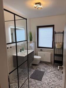 a bathroom with a toilet and a sink and a mirror at Apartment Mahira im Luftkurort Schindeldorf in Stromberg