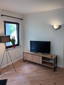 a living room with a flat screen tv on a table at Apartment Mahira im Luftkurort Schindeldorf in Stromberg