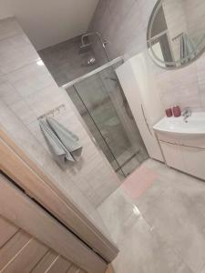 a bathroom with a shower and a sink at apartament MT2 bursztynowe osiedle in Jantar