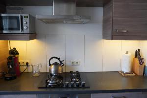 y cocina con fogones y hervidor de agua. en Bright, spacious apartment with a lovely terrace in the heart of Aachen, en Aachen