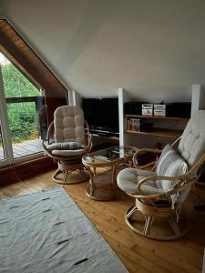 ein Wohnzimmer mit 2 Stühlen und einem Tisch in der Unterkunft Dom w (Między) lesie in Zwierzewo