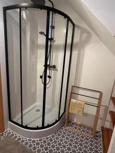 eine Dusche mit Glastür im Bad in der Unterkunft Dom w (Między) lesie in Zwierzewo