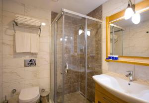 a bathroom with a shower and a toilet and a sink at My Marin Otel in Turgutreis