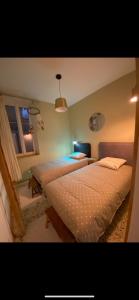 een slaapkamer met 2 aparte bedden en een raam bij Appartement en bord de mer in Fos-sur-Mer