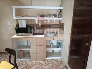 Una pequeña cocina con fregadero y microondas. en Departamento Aeropuerto CDMX, en Ciudad de México
