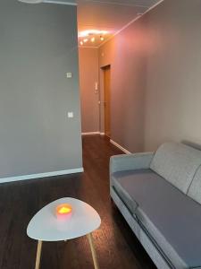 Cozy Sauna Apartment في بارنو: غرفة معيشة مع أريكة وطاولة