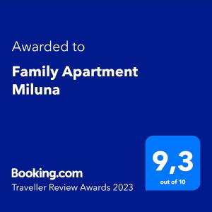 Family Apartment Miluna tesisinde sergilenen bir sertifika, ödül, işaret veya başka bir belge