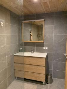 een badkamer met een wastafel en een spiegel bij Les Astrances, logement dans une maison de village in Huez