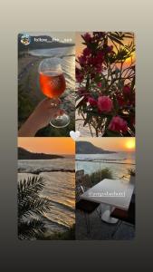 een collage van vier foto's met een glas wijn bij E.J. Pyrgos Bay Hotel in Kato Pyrgos