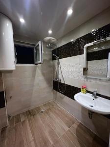 een badkamer met een wastafel en een douche bij Chaika Sea Apartment in Varna