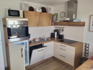 a small kitchen with a sink and a microwave at Der Landhof Wildrose in Stolpe +9 photos