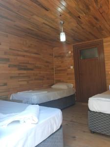 a room with two beds and a wooden wall at Pina bungalov restaurant in Ayvacık