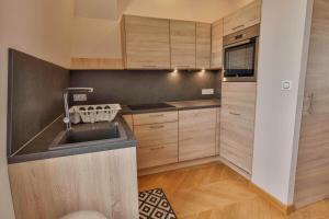 eine Küche mit Spüle und Holzschränken in der Unterkunft Domaine Grand Piquecaillou - L'appartement Saint Emilion in Saint-Maixant + 17 Fotos