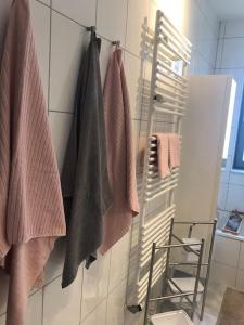 een badkamer met een handdoekenrek en een spiegel bij Wohnung mit Loggia und Stellplatz am Wenigemarkt in Erfurt
