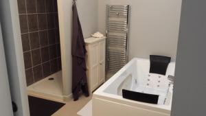 Le Clos Du Presbytere في Puisseguin: حمام مع حوض أبيض ودش