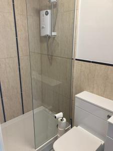 a shower with a glass door next to a toilet at Raglans in Swindon