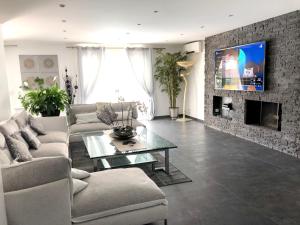 a living room with a couch and a tv on a brick wall at Villa pittoresque à Mougins avec piscine privée. in Mougins
