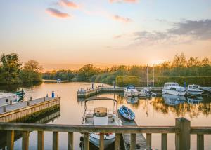 a group of boats docked in a marina at sunset at Yare View Holiday Cottages in Brundall