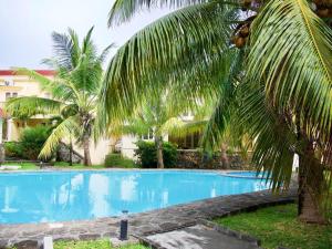 une grande piscine bleue avec des palmiers à côté d'un bâtiment dans l'établissement 3 bedrooms house with sea view shared pool and terrace at Palmar, à Palmar