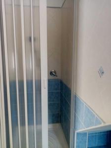 a bathroom with a shower with blue tile at Villetta Maria in Botricello