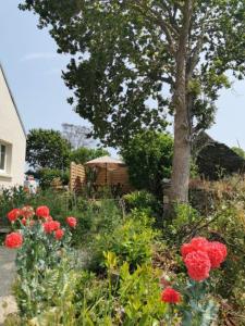 un jardin avec des fleurs rouges et un arbre dans l'établissement Les gîtes de Blandine, à Peumérit