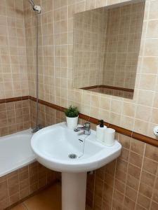 een badkamer met een wastafel, een spiegel en een bad bij Apartamento Paraíso del Sol in Torrox Costa