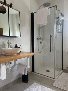 a bathroom with a glass shower and a sink at Schönes Haus in der Wetterau in Utphe +20 photos