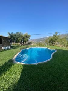 an overhead view of a swimming pool in a grass field at Casa El Higueral in Mecina Alfahar