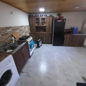a kitchen with a washing machine and a refrigerator at LAAT-LI in Mestia