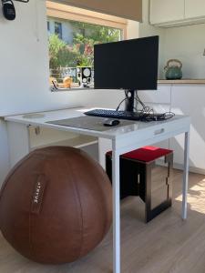 a desk with a computer and a large ball underneath it at Tiny House 47 in Egloffstein