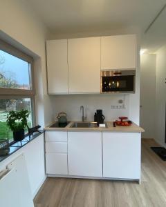 eine Küche mit weißen Schränken, einem Waschbecken und einem Fenster in der Unterkunft Tiny House 47 in Egloffstein